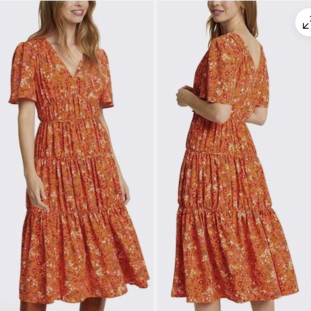 Draper James Size 4 Margo Flutter Floral Tiered Midi Dress with Flutter Sleeves